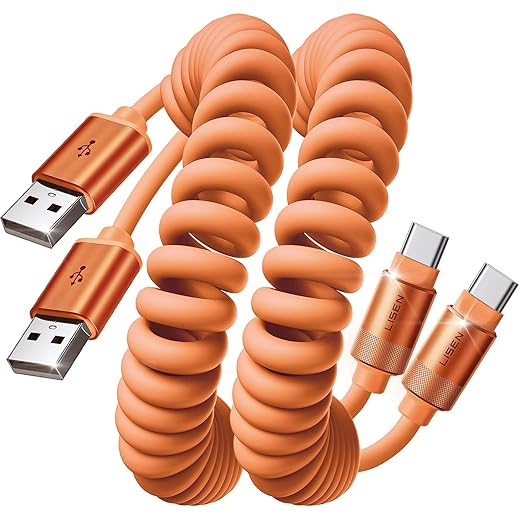 LISEN Coiled USB C Cable, 2 Pack for Android Auto & CarPlay Cable, Short Orange USB C Cable Compatible with iPhone 17 Pro Max Orange/16/15, Samsung Galaxy S25/S24/S23 A15/A14