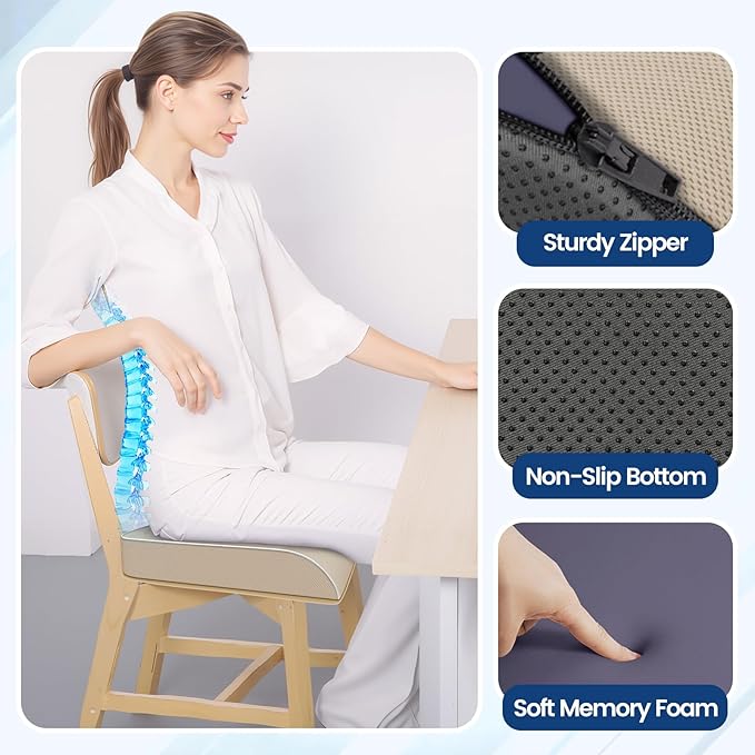 SweetSlubr Seat Cushion for Tailbone Pain Relief, Office Chair Cushion, Memory Foam Large Chair Cushion with Non-Slip Cover for Soft Support at Office Chair, Car Seat, Airplane Beige/Large