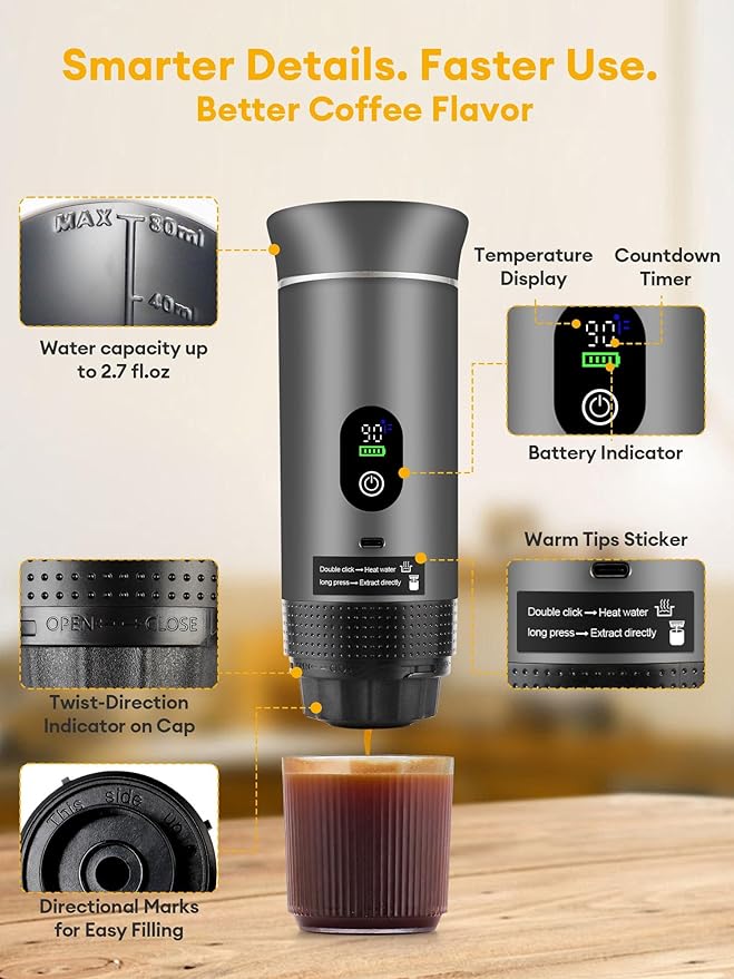 Upgraded 3 in1 Portable Espresso Machine with LED Display,20 Bar Pressure,Real-Time Temp&Battery Indicator,Portable Coffee Maker Compatible with Ground Coffee & Capsules, for Travel,Home