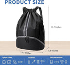 JELUTAR Drawstring Backpack Gym Bag with Shoes Compartment for Soccer, Basketball, Swim, Water-Resistant String Backpack Beach Cinch for Women Men, Black, Medium