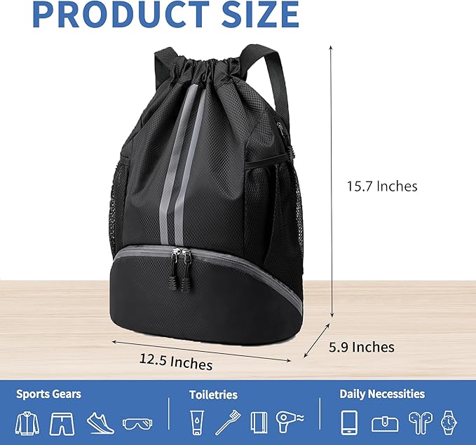 JELUTAR Drawstring Backpack Gym Bag with Shoes Compartment for Soccer, Basketball, Swim, Water-Resistant String Backpack Beach Cinch for Women Men, Black, Medium