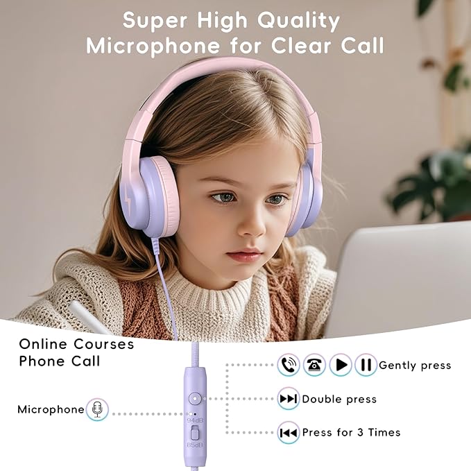 Candy Bila Kids Headphones, Wired Headphones for Kids Over Ear with Microphone, 85/94dB Volume Limiter Headphone for Girls Boys, Foldable Headphone for Learning & Entertainment, Gradient Pink
