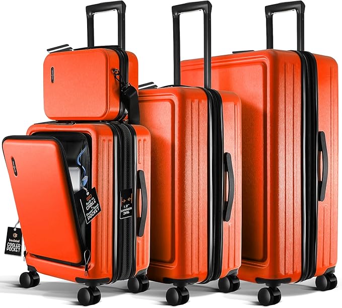 TRAVELARIM Orange Hardshell Luggage Sets 4 Piece, Durable Suitcase Set, Travel Luggage Set with Integrated TSA Lock, 360° Spinner Wheels, Expandable Medium and Large Checked Suitcase, 20/24/28 Inch