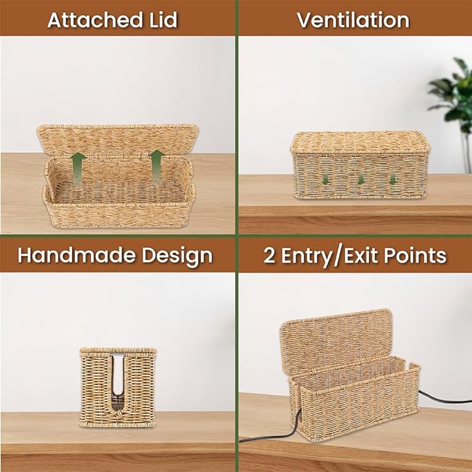Cable Management Box, Handmade Rattan Cable Organizer with 2 Open Slots, Cord Hider for Power Strip, Router & USB Hub, Registered U.S. Design Patent (D1,112,102), 13" x 5.1" x 5.1", Natural