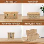 Cable Management Box, Handmade Rattan Cable Organizer with 2 Open Slots, Cord Hider for Power Strip, Router & USB Hub, Registered U.S. Design Patent (D1,112,102), 13" x 5.1" x 5.1", Natural