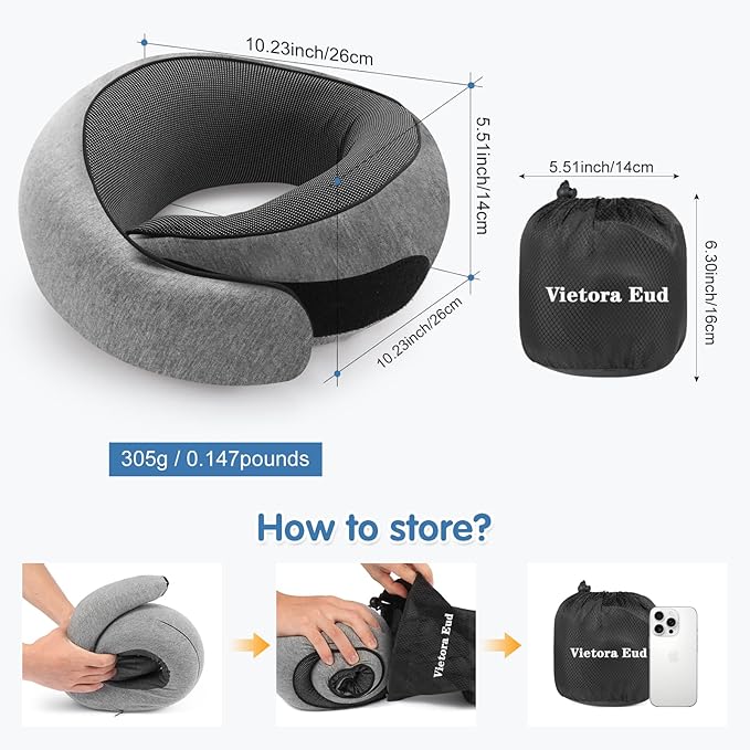 Travel Neck Pillow, Memory Foam Neck Support for Airplane, Car & Office, Breathable Portable Design with Eye Mask, Earplug Holder & Carry Bag, for Men&Women