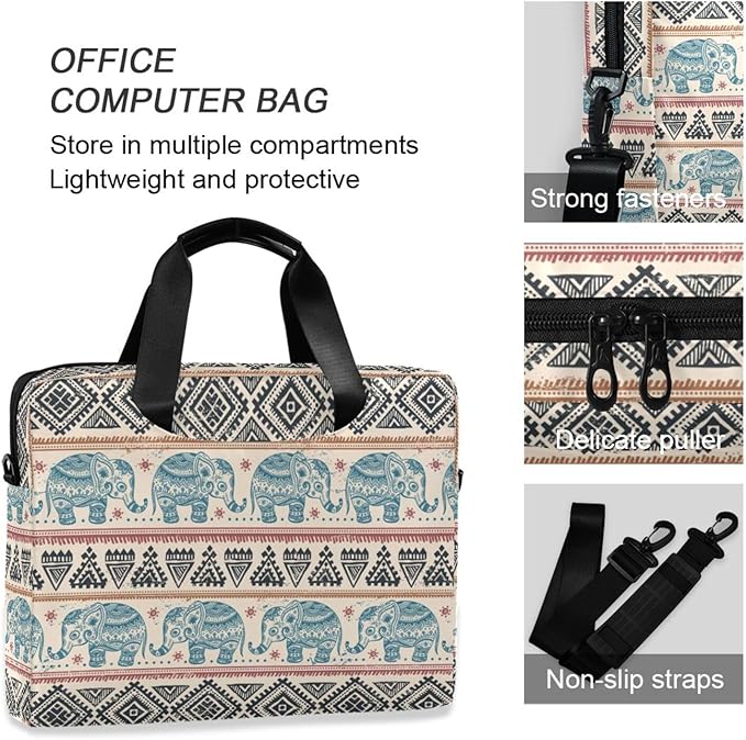 Boho Laptop Bag 15.6 inch, Large-Capacity Laptop Case with Strap, Bohemian Ethnic Elephant