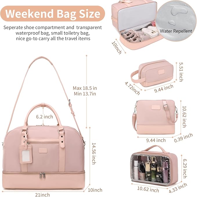 Wogarl 4PCS Weekender Bags for Women Large Overnight Weekend Travel Duffel Carry on Shoulder with Shoe Compartment Canvas Toiletry Bag for Travel Business Gym