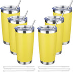 20 oz Tumbler with Lids and Straws, Stainless Steel Insulated Travel Coffee Mug, Double Wall Vacuum Insulated Tumblers, Powder Coated Coffee Tumbler for Cold & Hot Drinks (Yellow, 6 Pack)