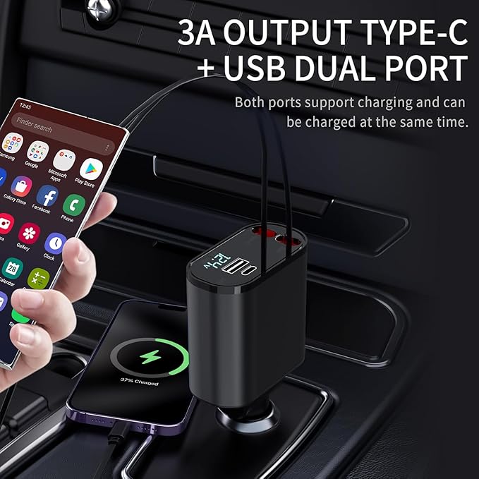 60W Fast Charging Car Charger for iPhone, 4-in-1 Retractable Phone Charger, Travel Essentials, Gifts for Women Men, Car Accessories for Women Men, for iPhone 14 13