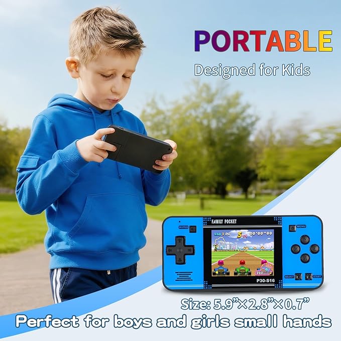 Handheld Game for Kids -Preloaded 220 Retro Video Games, Portable Gaming Player with Rechargeable Battery 3.0" LCD Screen, Mini Arcade Electronic Toy Gifts for Boys Girls (Black+Blue)