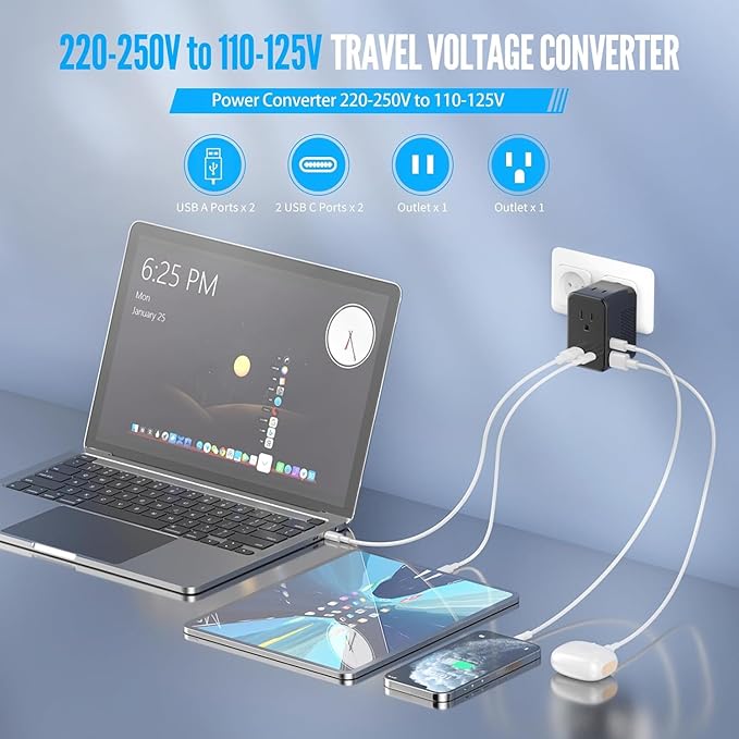 220V to 110V Voltage Converter US to Europe, Travel Adapter Plug Converter for European with 20W PD & 2USB-A & 2USB-C, European Power Converter Combo USA to Spain Italy France, Black