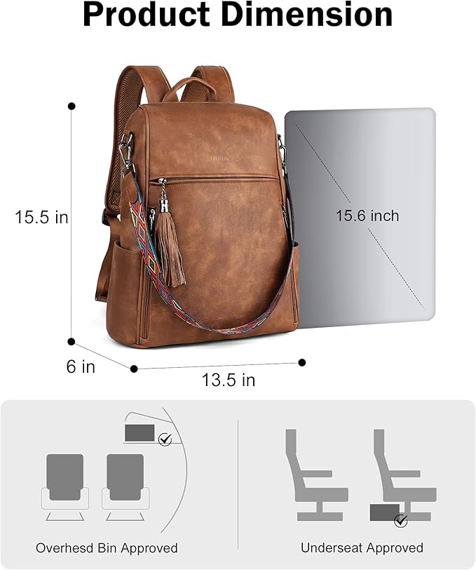 FADEON Leather Laptop Backpack for Women Designer 15.6 inch PU Laptop Bag, Ladies Travel Computer Work Backpack Brown