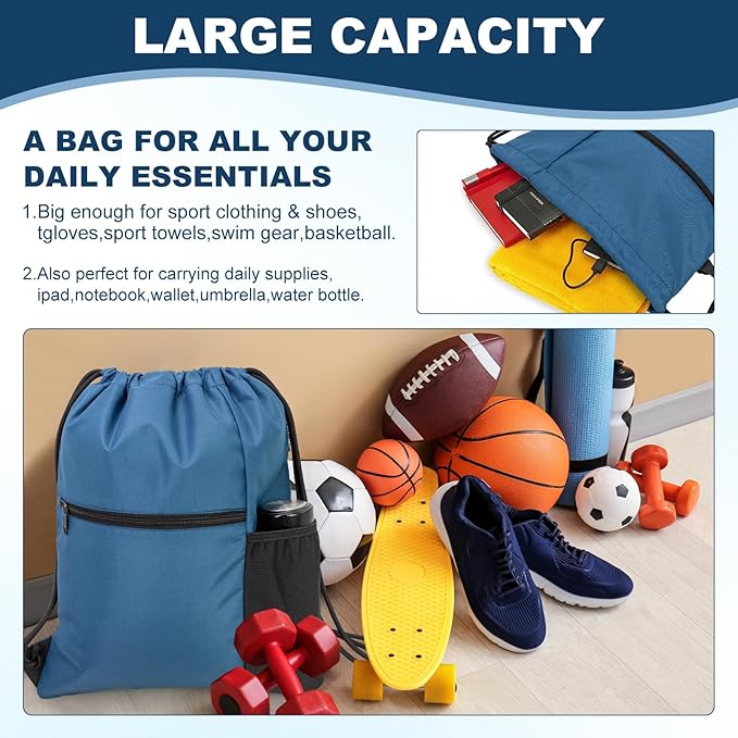 HOLYLUCK Men & Women Outdoor Sport Gym Sack Waterproof Drawstring Backpack Bag (Standard with drawstring, Cyan Blue)