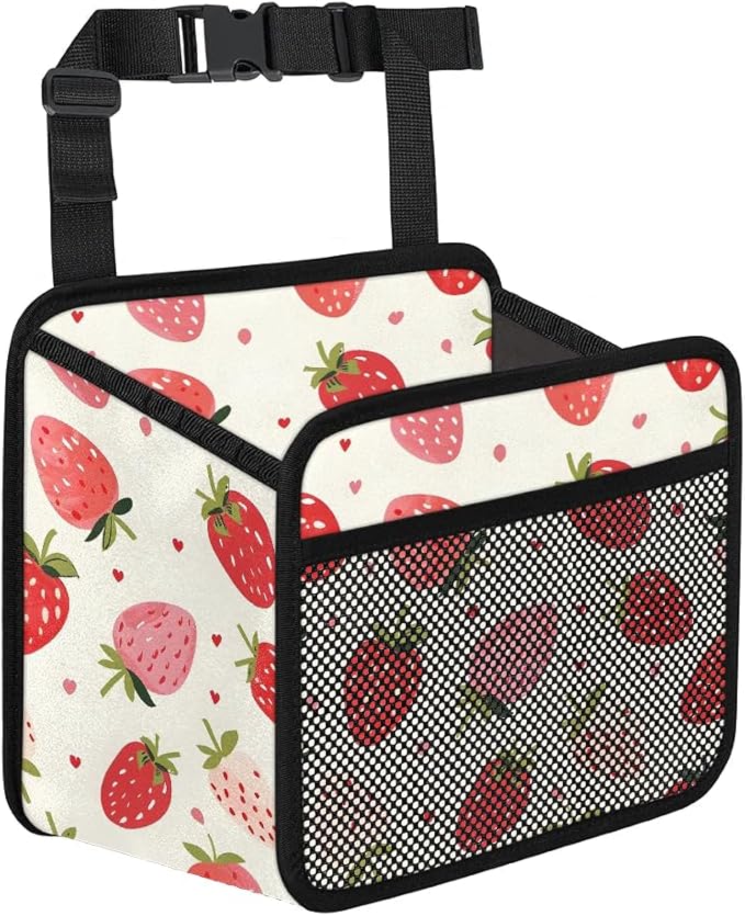 Car Backseat Organizer, PU Leather Back of Seat Cars Hanging Organizer with Pockets Leakproof Car Garbage Bag Hanging Cars Seat Storage Box Travel Accessories Foldable (White Strawberries)