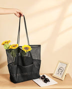 Iioscre Beach Bag for Women, Causal Hobo Pool Bags with Zipper Inner Pocket, Foldable Swim Tote Bag for Vacation Essentials