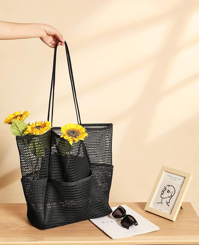 Iioscre Beach Bag for Women, Causal Hobo Pool Bags with Zipper Inner Pocket, Foldable Swim Tote Bag for Vacation Essentials