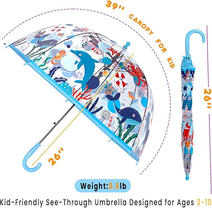 MRTLLOA Kids Clear Bubble Umbrella with an Easy Grip Curved Handle, Safety Transparent Dome Bubble Umbrella for Toddler Boys Girls
