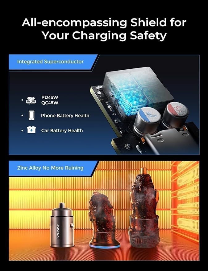 AINOPE 17 Air iPhone 16 15 Pro Max 90W USB C Car Charger Fast Charging,[Smallest Metal] Car Charger USB C PD45W+QC3.0 Dual Port Cigarette Lighter iPad Samsung Galaxy S25/S24, Android, Black