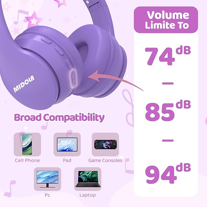 MIDOLA Kids Bluetooth Headphones 68H Play Time,Volume Limit 85/94dB, Foldable Lightweight Wireless Over-Ear Headphone for Kid Toddler Child Pad Tablet,Headsets with Built-in Mic Light Purple