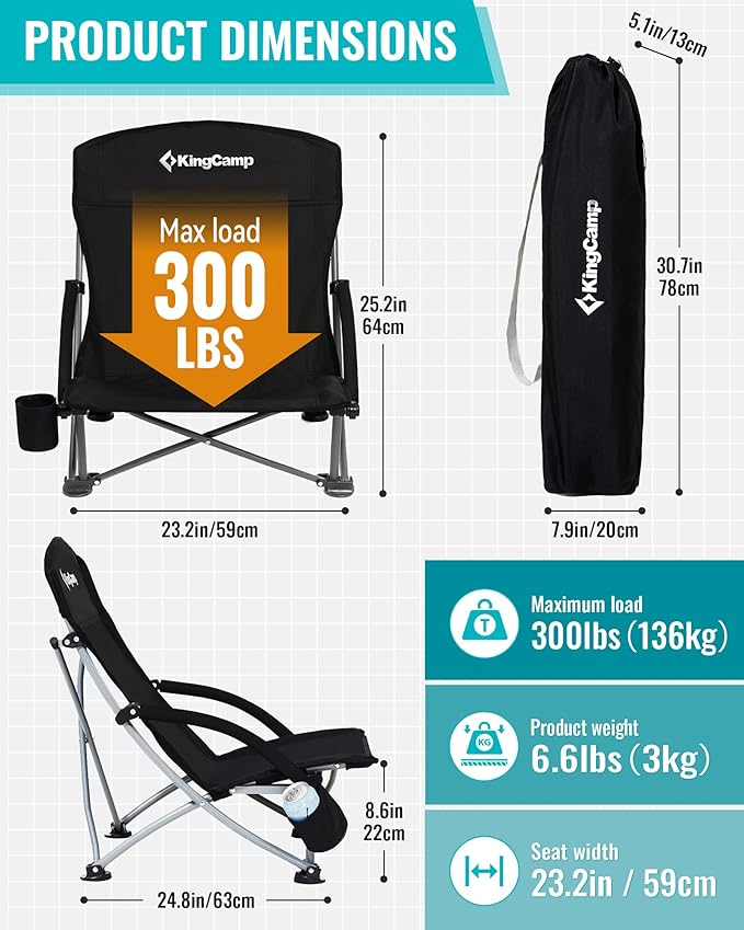 KingCamp Low Beach Chair, High Back Folding Camping Chair for Adults, Oversized Breathable Mesh Seat, 300lbs Heavy Duty Portable Chair with Cup Holder & Storage Pockets for Beach, Outdoor