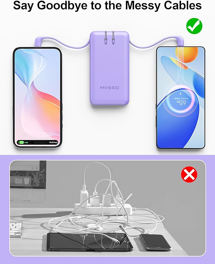 miisso Ultra Slim 10000mAh Power Bank Built-in Cables and Foldable AC Wall Plug, Pocket Size USB C Portable Charger, External Battery Pack Compatible with iPhone Samsung, Purple