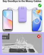 miisso Ultra Slim 10000mAh Power Bank Built-in Cables and Foldable AC Wall Plug, Pocket Size USB C Portable Charger, External Battery Pack Compatible with iPhone Samsung, Purple