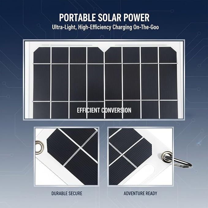 Solar Panel Charger for Cell Phones, 6W Portable & Flexible, Outdoor USB Charger, 11.8 X 5.7 X 1.2 in, Carabiners Included for Camping & Hiking Activities