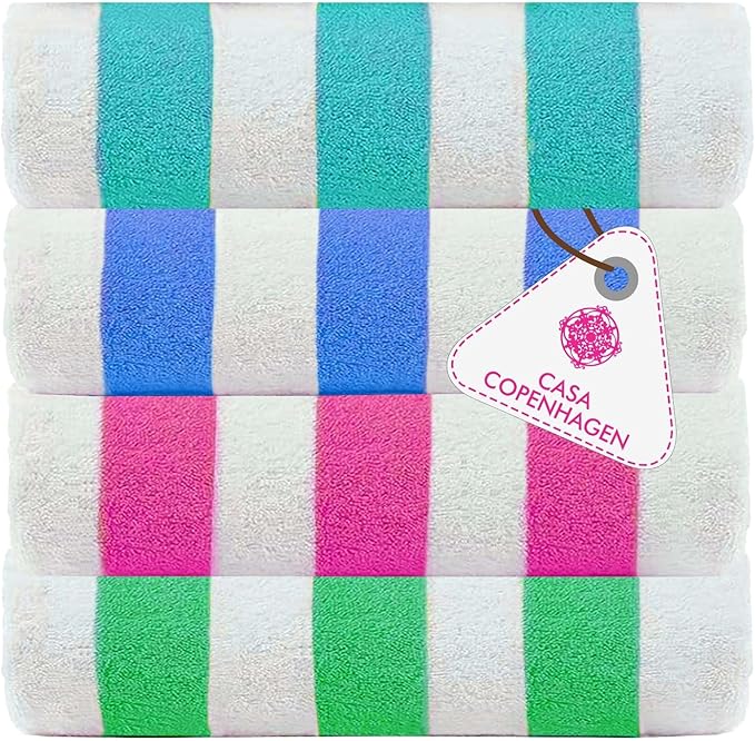 Casa Copenhagen Cabana Towel 4Pcs Green,Teal,Blue,Pink Designer Stripe Beach Towels Gift Set, 30"x60" Oversized 100%Cotton Pool Bath Towel for Beach Gift Set (Perfect Summer Gift Set For Women & Men)