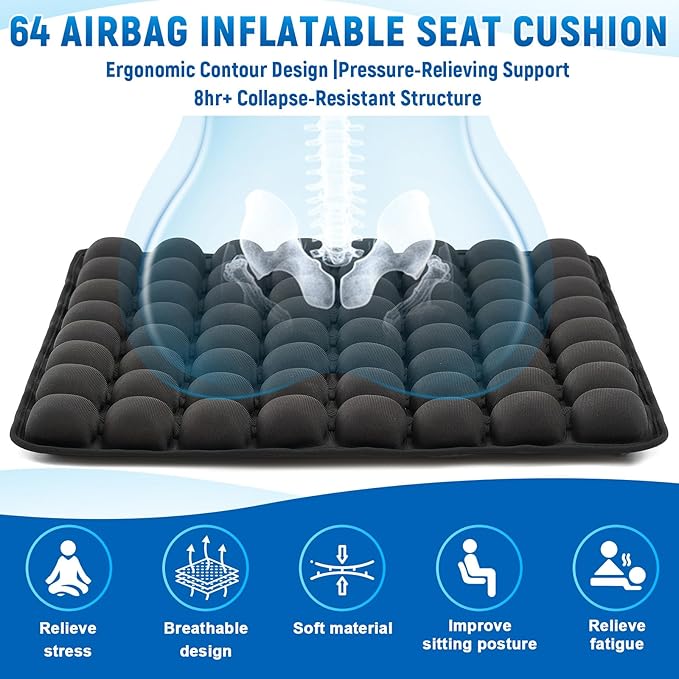 2 Pack Inflatable Travel Seat Cushion with Air Pump Storage Bags 64 Bubbles Upgrade Ergonomic Pressure Relief Airplane Seat Cushion for Long Flights Office Car Portable Lightweight Comfort Cushions