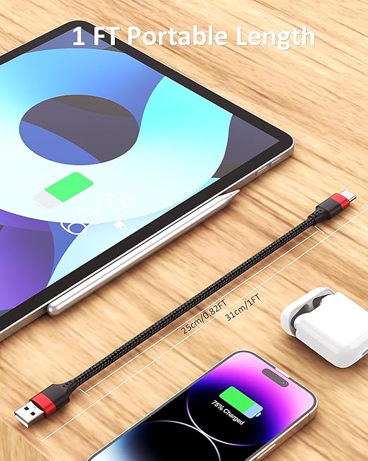 Short USB to USB C Cable, 2 Pack USB C Cable 1ft, Braided 12 inch Short USBC Cable 3A Fast Charging for iPhone 17 16 15 Pro Max, Samsung Galaxy S25 S24 S23, Pxiel 10 9