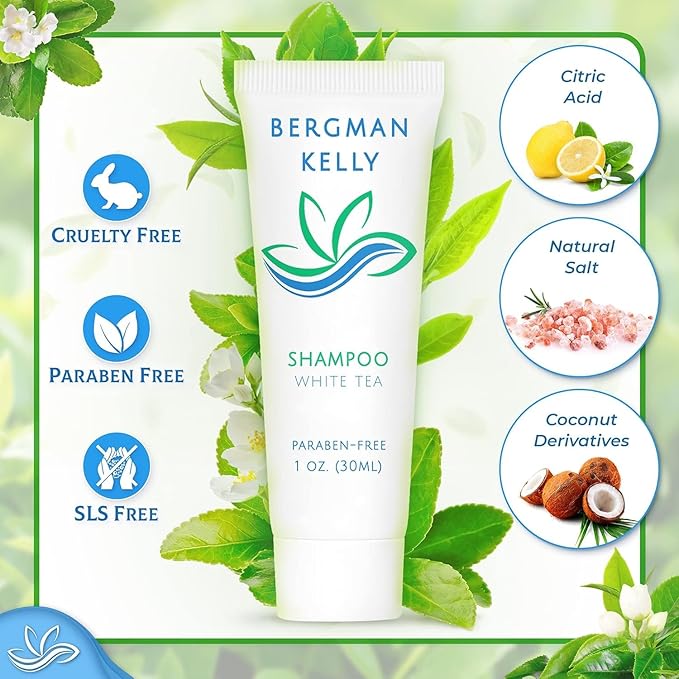 Bergman Kelly - Hotel Toiletries Bundle - White Tea, 1 oz ea, 125 Pieces - 5-Piece Set: 25 ea Rectangular Bar Soap, Shampoo, Conditioner, Body Lotion & Body Wash - Bulk Mini Guest Amenities