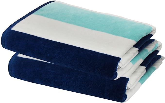 COTTON CRAFT Oversized Beach Towel - 2 Pack 35 x 70 inches XL Beach Towel - 100% Cotton Velour - Big & Huge - Thick Plush 450 GSM Super Soft Luxury Towel - Pool Picnic Bath - Cabana Stripe Blue