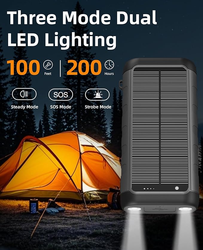 YELOMIN Solar Charger Power Bank 59800mAh, Outdoor Waterproof Battery Pack, 3 Built in Cables & Hand Crank, 6 Outputs, 15W Wireless Charging, Emergency LED Flashlight for Camping Hiking Travel