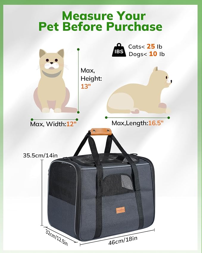 Morpilot Pet Carrier for Large Cats, Puppies & Small Dogs Up to 25lbs, Escape-Proof with Locking Zippers, Dual-Sided Cushion, Safety Buckle for Car & Vet Travel, Includes Foldable Bowl (Dark Gray)