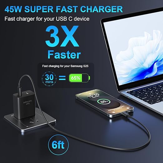 45W 2Pack Super Fast Charger USB C Dual Port Android Phone Charger Type C Fast Charging Block with 6FT Type-C Charger Cord for Samsung Galaxy S26 Ultra/S26/S26+/S25/S24/S23/S22/S21+/iPhone 17/16/15
