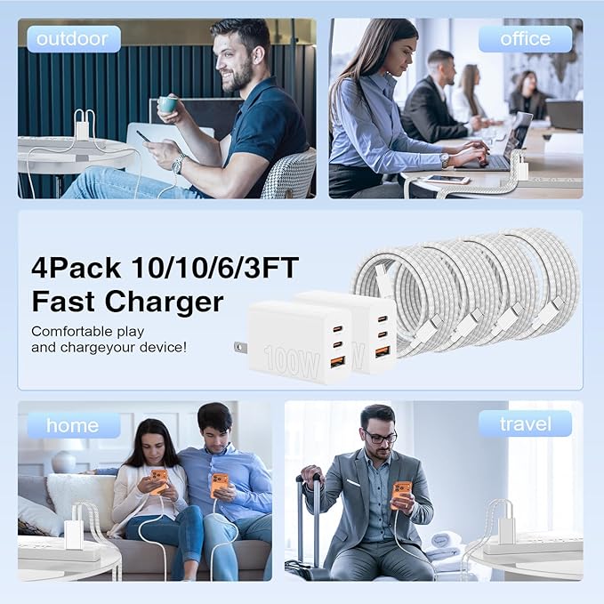 65W Super Fast Charging USB C for iPhone 17 16 Pro Max,3 Port 100W USB C Charger Block & 3/6/6/10FT Braided Type C Cord for iPhone 17 16 Pro,iPhone 15 Pro Max,for Samsung S26 Ultra/MacBook Air-Black