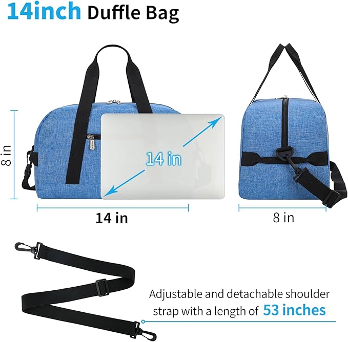 Apenze Small Gym Bag 14 inch lightweight Carry On Mini Duffel Bag for Travel Sport - Denim Blue