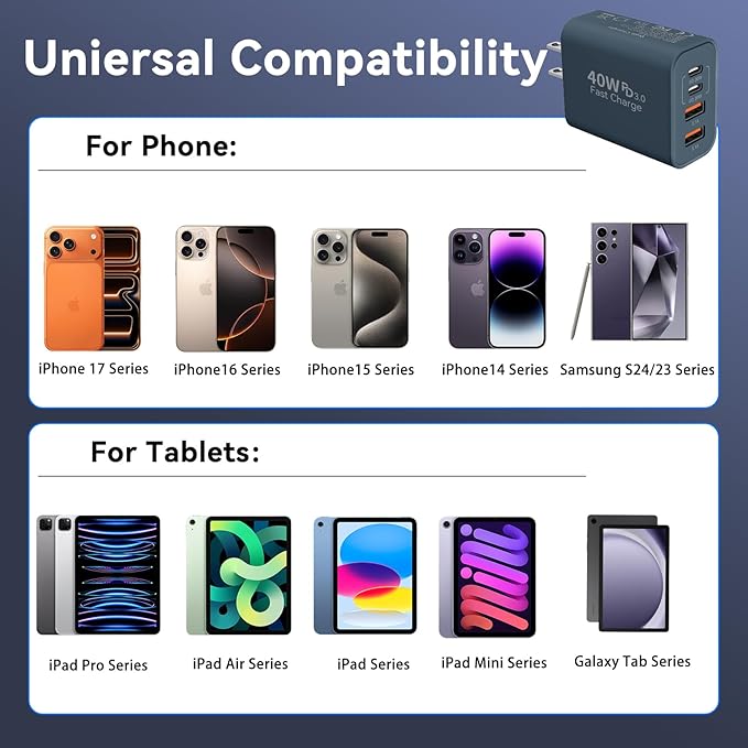 USB C Wall Fast Charger Block, 40W 4-Port Type C Charger Fast Charging Blocks PD Power Charger Adapter+QC 3.0 USB Multiport Charger Brick for Phone 17/16/15/14/13/12 Pro Max, Pad, GalaxyS25-Navy Blue