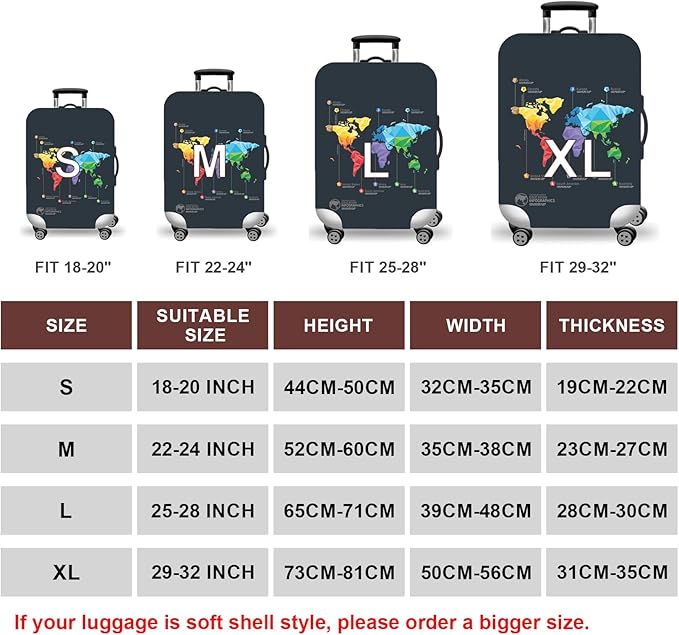 WUJIAONIAO Travel Luggage Cover Baggage Suitcase Cover Protector Skins 18-32 Inch (map, S (for 18-20 inch luggage))