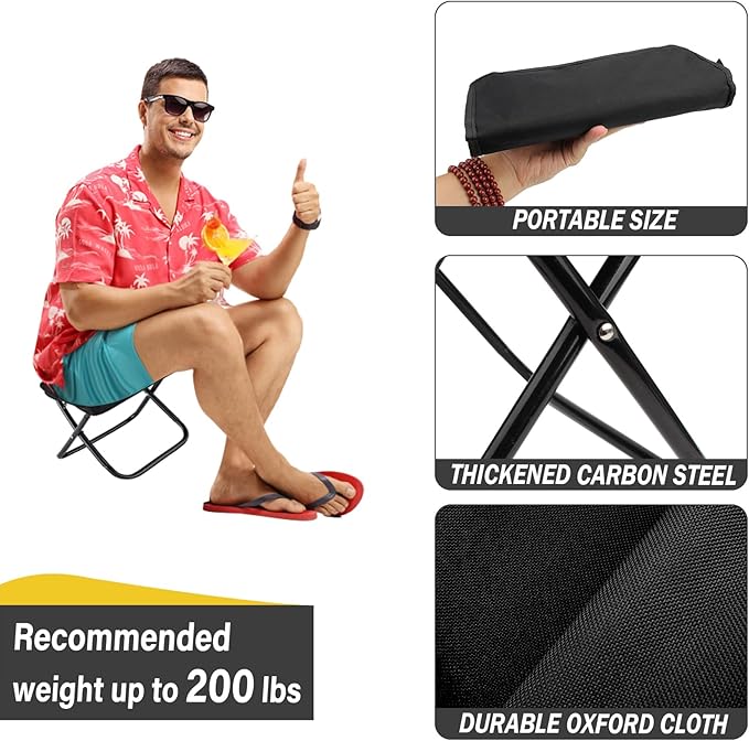 SUNPRO Camping Stool, Portable Folding Stool with Carry Bag, 12in Portable Folding Chair 1.6Lbs Collapsible Camp Stool Outdoor Footstool for Travel Walking Hiking Fishing Picnic Barbecue (Black)