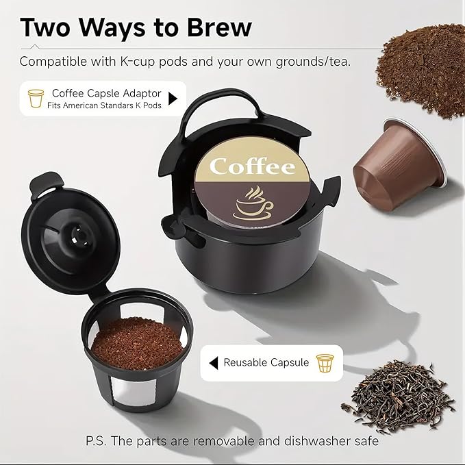 Single Serve Coffee Maker, 2 in 1 Brewer for K Pod & Ground Coffee, 90s Rapid Brew 6 to 14oz Capacities with Auto Shut Off, Small Compact Design for Home Office Travel Camping (Black)