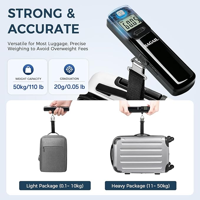 BAGAIL Digital Luggage Scale, 110lbs Hanging Baggage Scale with Backlit LCD Display, Portable Suitcase Weighing Scale, Travel Luggage Weight Scale with Hook, Strong Straps for Travelers