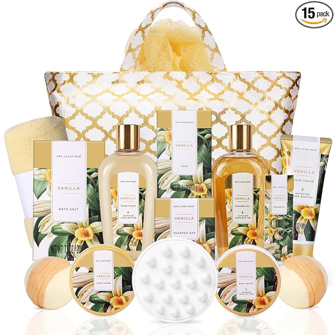 Gift Baskets for Women, Spa Gifts for Women, 15pcs Vanilla Bath Sets with Bath Bomb, Body Lotion, Mothers Day Gifts for Mom, Birthday Gifts for Her