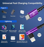 90 Degree iPhone Charger Cables 6FT, USB C to Lightning Cable [Apple MFi Certified] 3Pack Fast Charging, Nylon Braided USB C Lightning Cable Compatible with iPhone 14/13/12/11/Pro Max/Plus/8/7-Purple