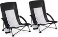 DUMOS Low Beach Chair for Adults, Lightweight Folding Beach Chair with Cup Holder, Storage Bag, Breeze Mesh Back, Padded Armrests, Compact Low Profile Chair for Camp, Picnic, Lawn, Sand