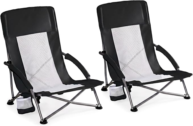 DUMOS Low Beach Chair for Adults, Lightweight Folding Beach Chair with Cup Holder, Storage Bag, Breeze Mesh Back, Padded Armrests, Compact Low Profile Chair for Camp, Picnic, Lawn, Sand