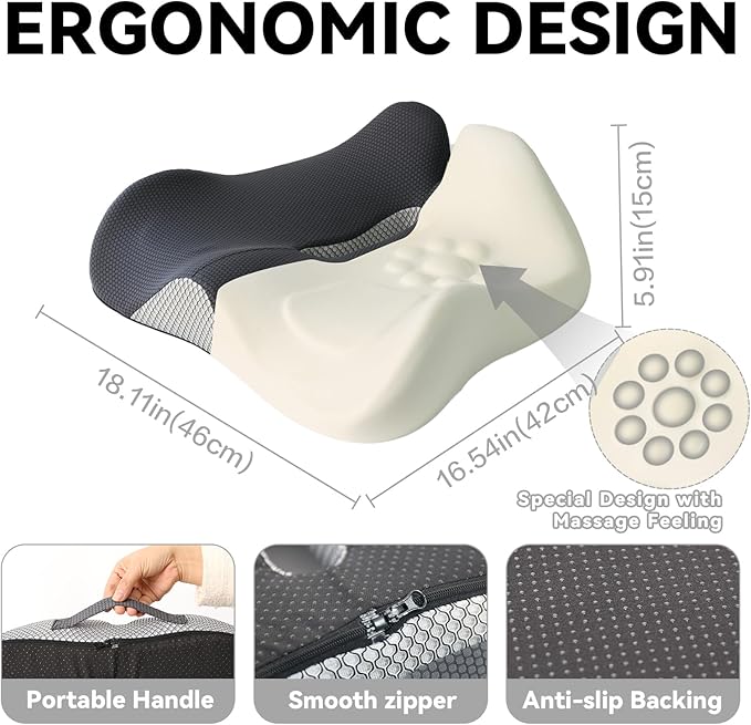 18x16 Inch Memory Foam Seat Cushion for Office Chair, Car & Truck, Ergonomic Chair Cushion for Long Sitting, Thick Supportive Seat Pad with Non-Slip Bottom, Washable Cover