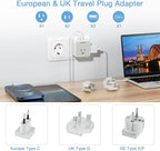 TESSAN All European UK Travel Plug Adapter Kit, International Detachable with 3 Outlet 3 USB Charger (1 USB C), Type C/G/E/F EU Ireland Power Adaptor, US to Europe Italy Spain France Greece