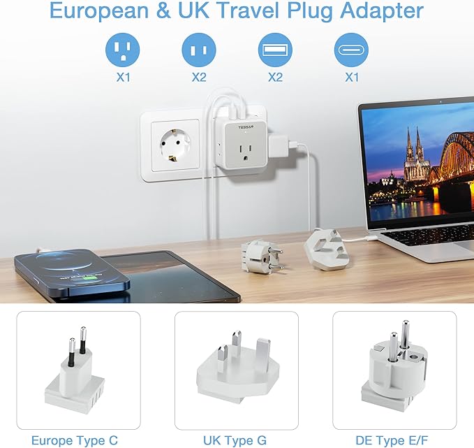 TESSAN All European UK Travel Plug Adapter Kit, International Detachable with 3 Outlet 3 USB Charger (1 USB C), Type C/G/E/F EU Ireland Power Adaptor, US to Europe Italy Spain France Greece